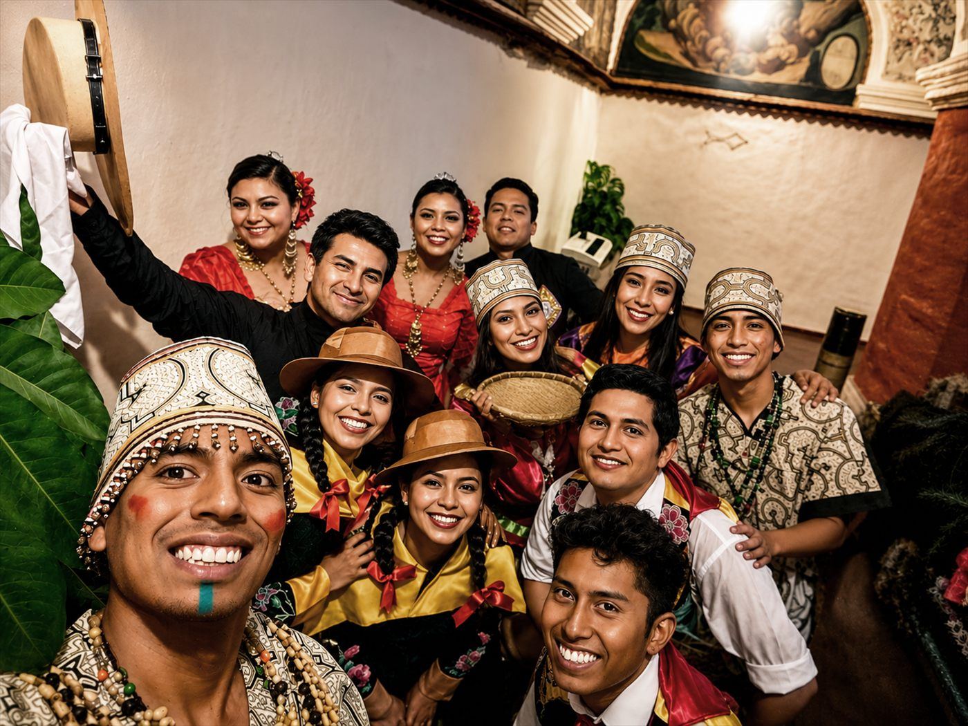 Integrantes del elenco Waylluy Tusuy sonriendo con vestuario de costa, sierra y selva