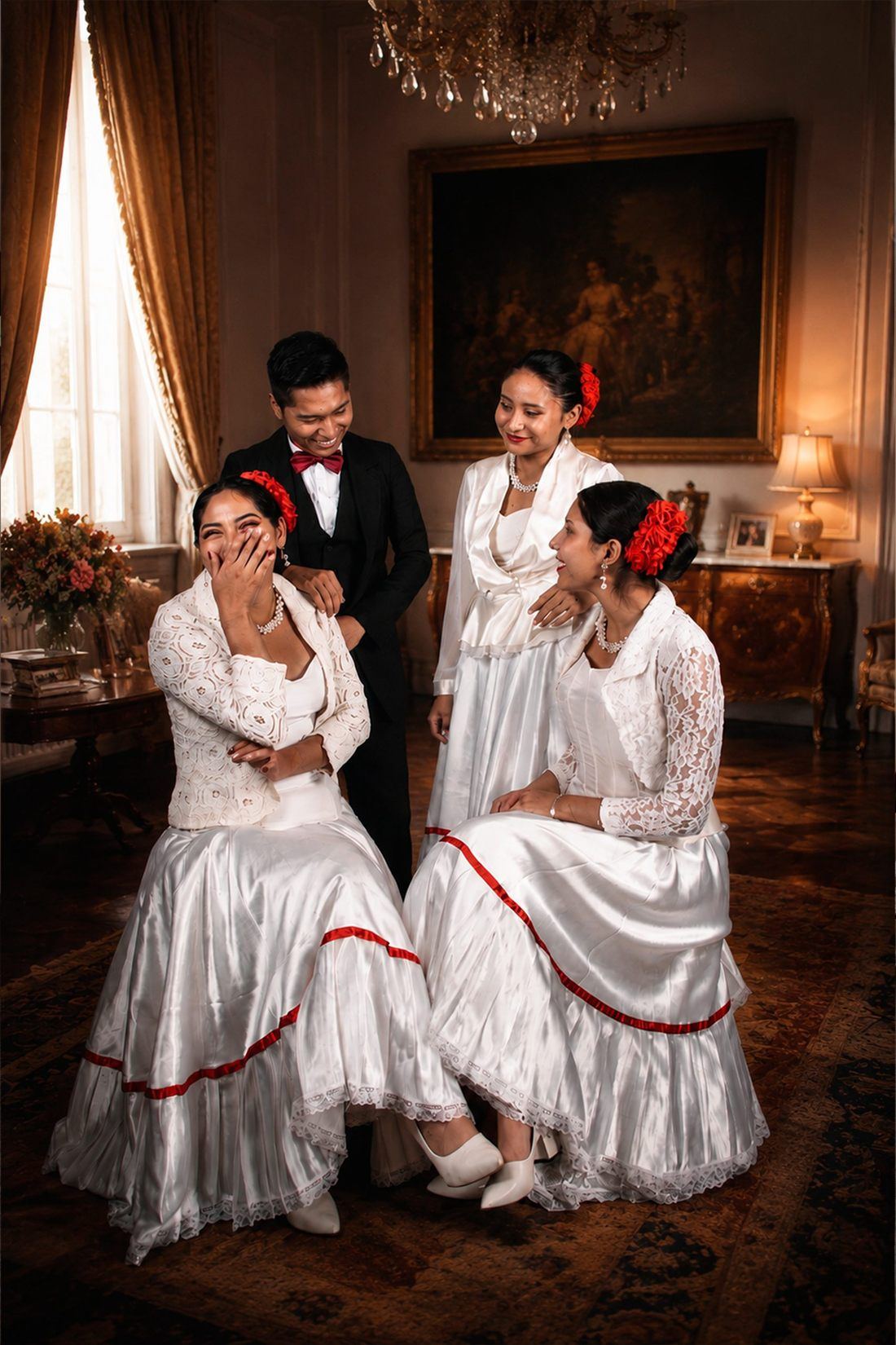 Tres bailarinas y un bailarín con traje de marinera en un salón de época
